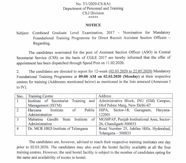 Training Notice for ASO (CSS) of SSC CGL 2017