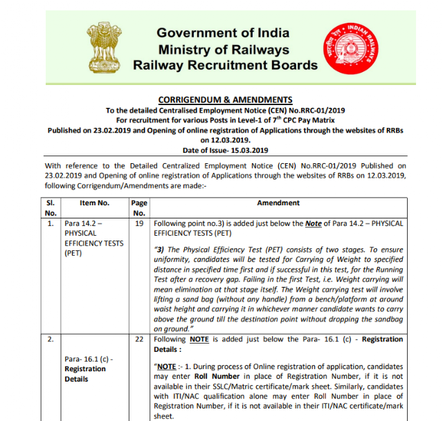 RRB Group D 2019 Notification Corrigendum & Amendments (15.03.2019)