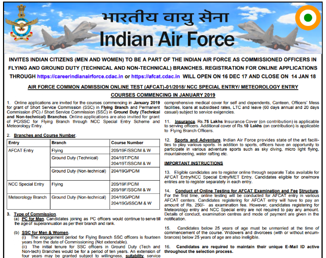 AFCAT 2018 Recruitment Notification PDF Download