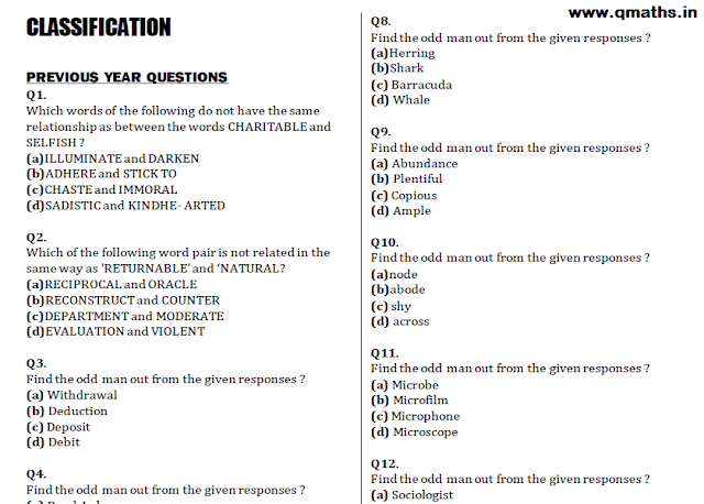 850+ Classification (Odd one Out) Previous Questions asked in SSC Exams PDF