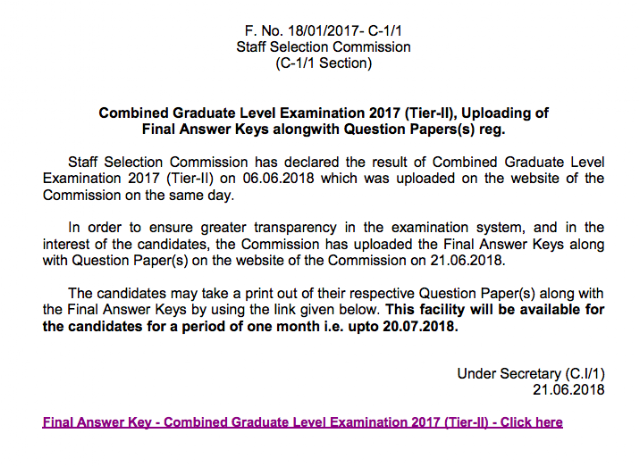 SSC CGL 2017 Tier-2 Final Answer Keys (Official)