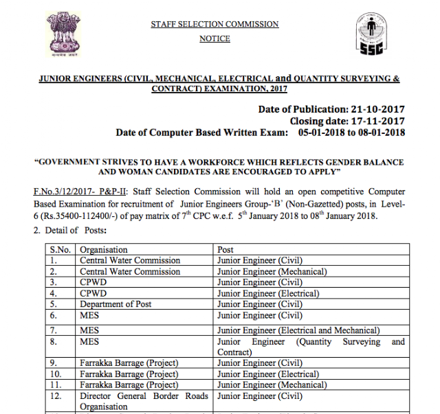 SSC Junior Engineer 2017 Notification Published PDF