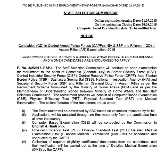 SSC GD Constables 2018 Official Recruitment Notification PDF