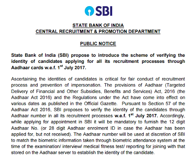 Aadhar Based Verification Mandatory for SBI Recruitment (wef 01-07-2017)