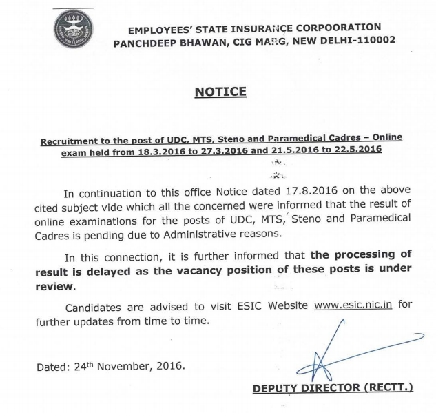 ESIC Notice Regarding Result of UDC,, MTS, Steno etc