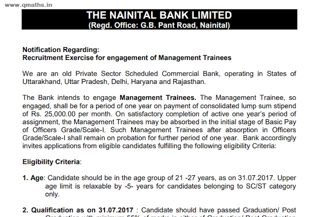 Nainitaal Bank MT Recruitment Notification 2017 PDF