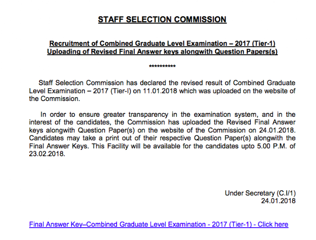 SSC CGL 2017 Tier-1 Revised Final Answer Keys published (24.01.2018)