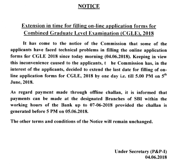 SSC Notice for One Day Extension to Apply for SSC CGL 2018