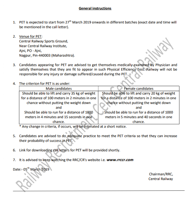 Railways Group D PET will start from 27th March 2019, Check Official PET Advisory