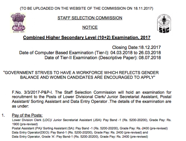 SSC CHSL (10+2) 2017 Official Notification PDF Download