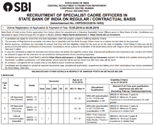 SBI SO 2018 Recruitment Notification PDF Download