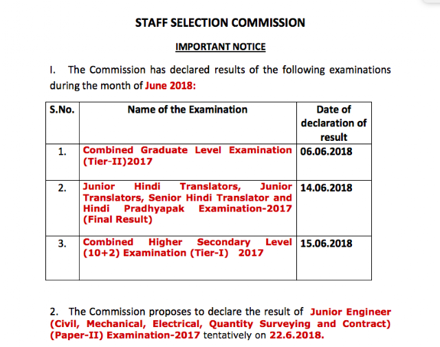 Summary of SSC Latest Notice (18.06.2018)